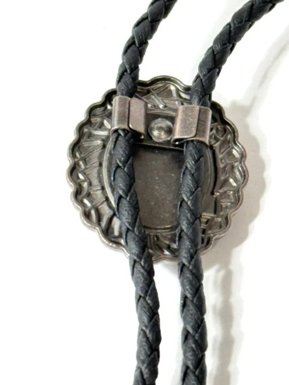 Pewter-tone, black stone, black cord western cowboy bolo tie.